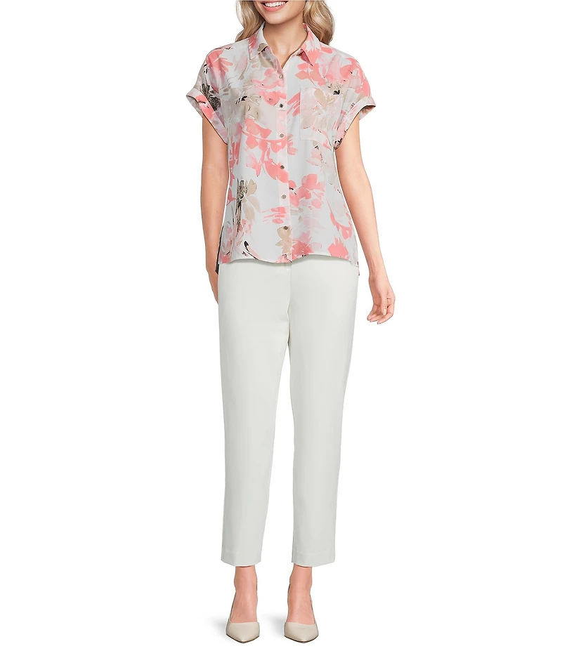 Calvin Klein Georgette Point Collar Short Sleeve Button Front Blouse