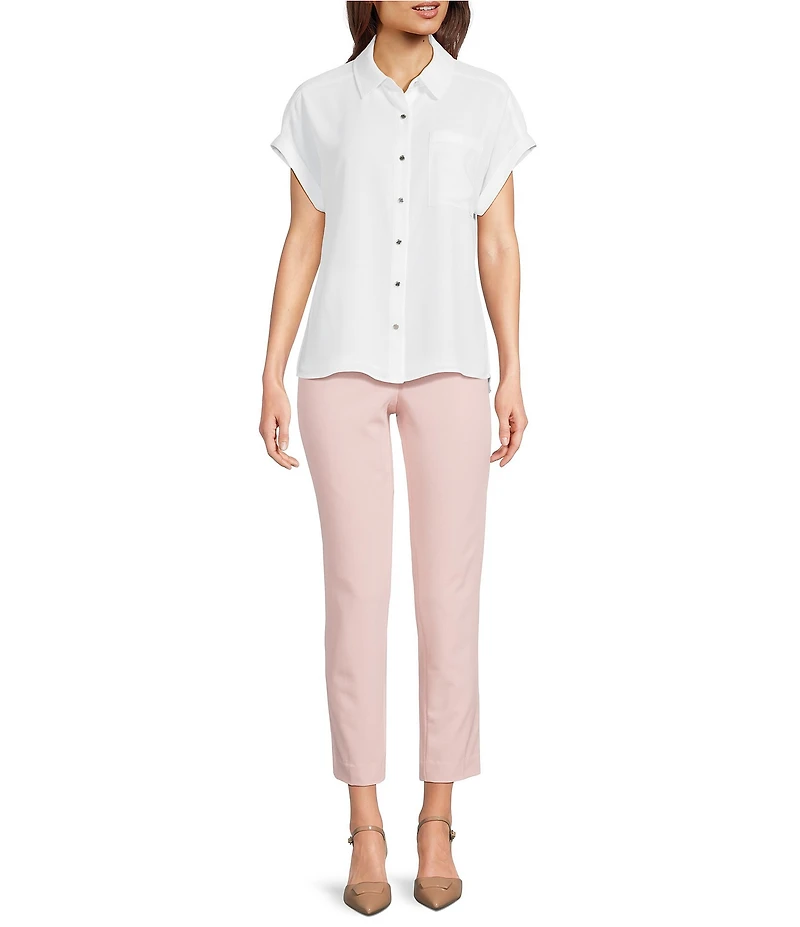 Calvin Klein Georgette Point Collar Short Sleeve Button Front Blouse