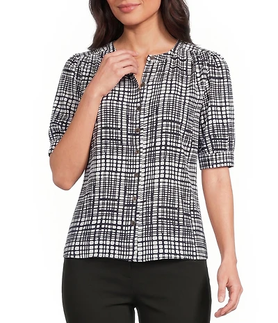 Calvin Klein Georgette Printed Crew Neck Short Sleeve Button-Front Shirt