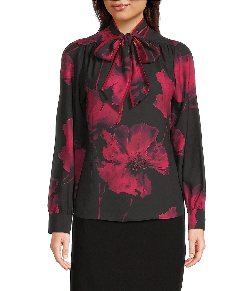 Calvin Klein Georgette Tie Neck Long Sleeve Button Front Blouse