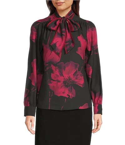 Calvin Klein Georgette Tie Neck Long Sleeve Button Front Blouse