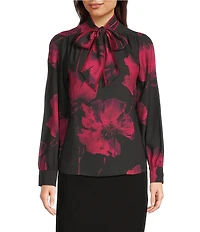 Calvin Klein Georgette Tie Neck Long Sleeve Button Front Blouse