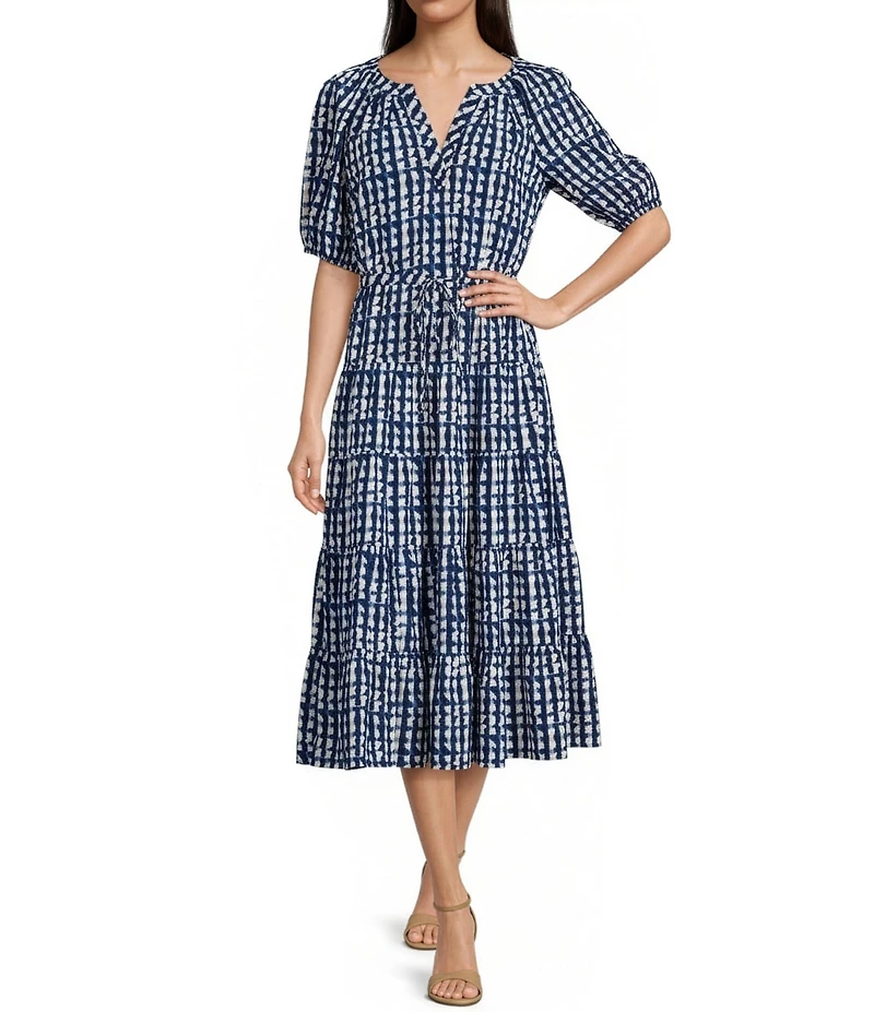 Calvin Klein Gingham Print Spilt V-Neck Short Puff Sleeve Tiered Dress