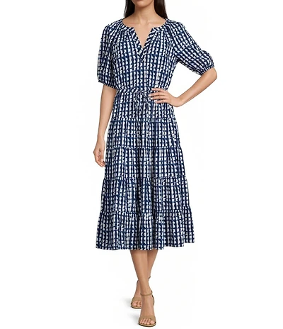 Calvin Klein Gingham Print Spilt V-Neck Short Puff Sleeve Tiered Dress
