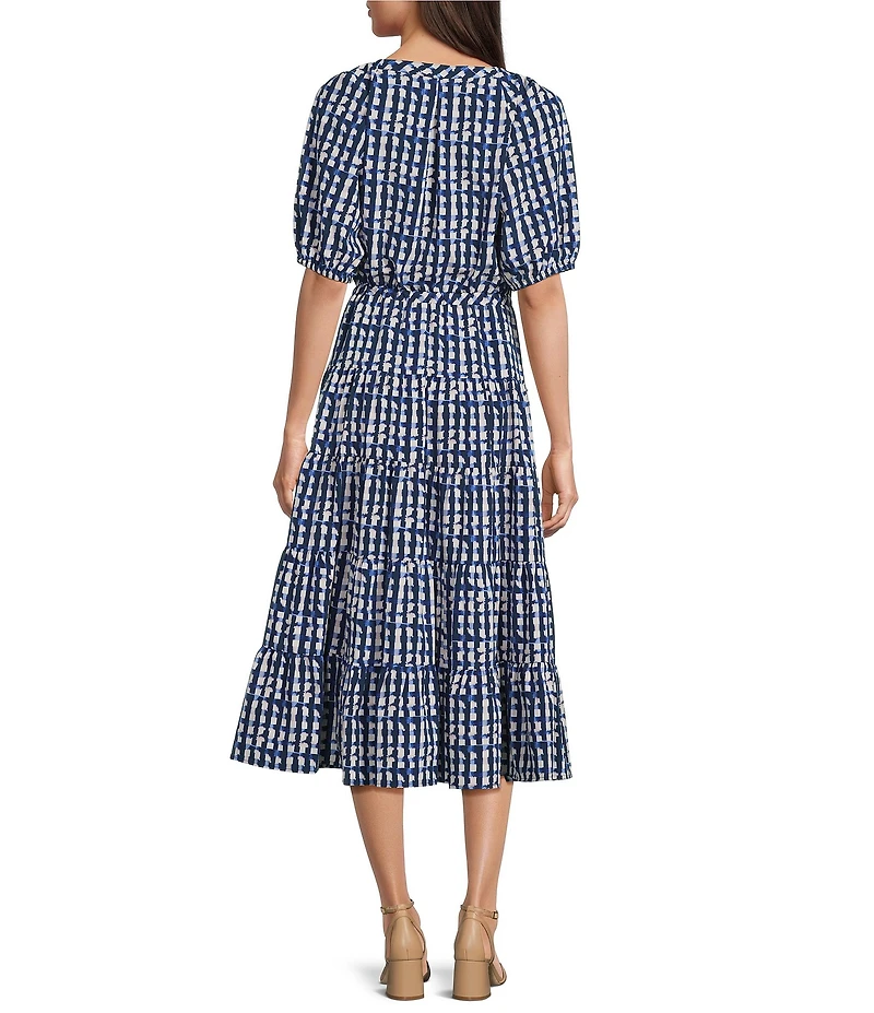 Calvin Klein Gingham Print Spilt V-Neck Short Puff Sleeve Tiered Dress