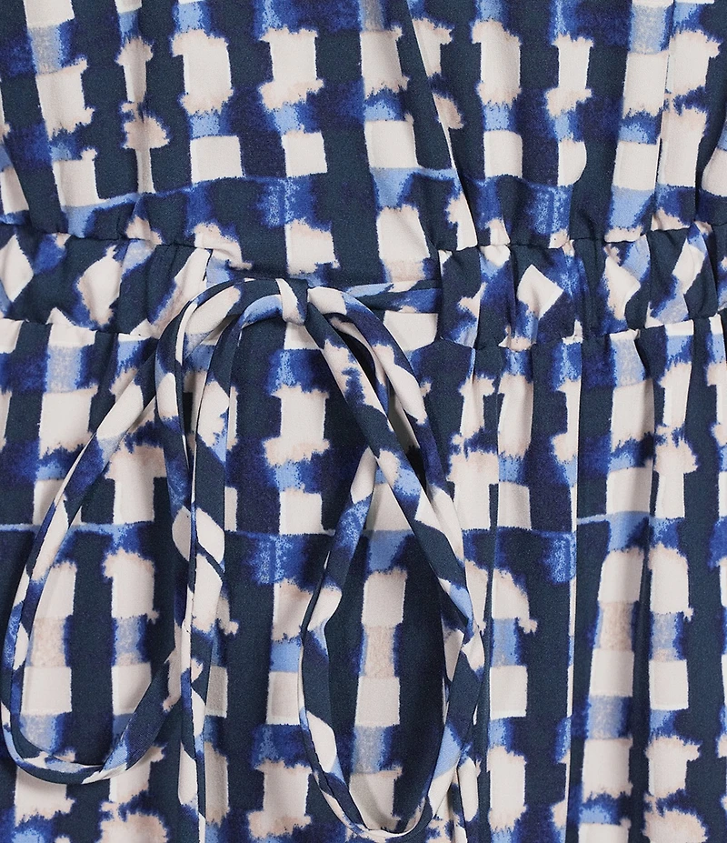 Calvin Klein Gingham Print Spilt V-Neck Short Puff Sleeve Tiered Dress