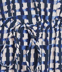 Calvin Klein Gingham Print Spilt V-Neck Short Puff Sleeve Tiered Dress