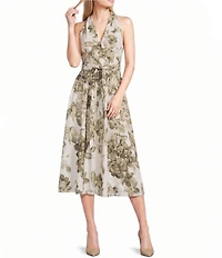 Calvin Klein Halter Neck Floral Print A Line Midi Dress