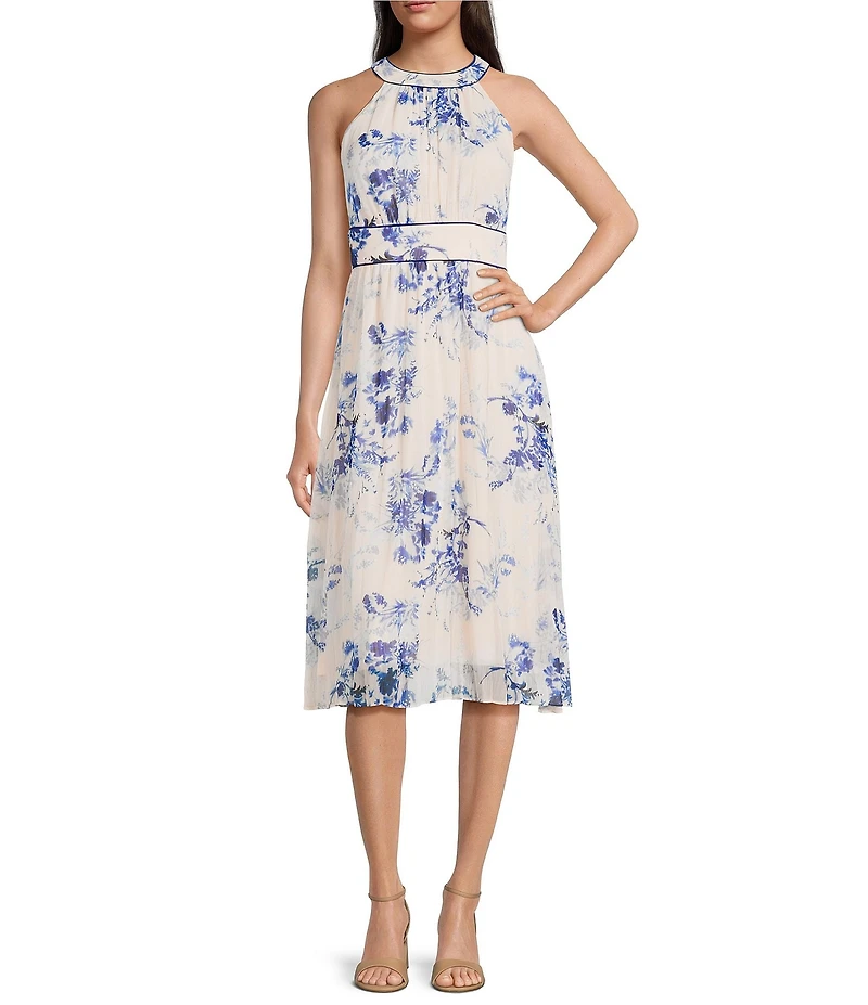 Calvin Klein Halter Neck Floral Print Chiffon Midi Dress