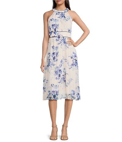 Calvin Klein Halter Neck Floral Print Chiffon Midi Dress