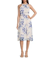 Calvin Klein Halter Neck Floral Print Chiffon Midi Dress