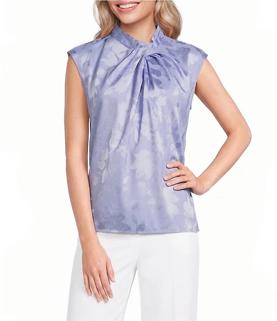 Calvin Klein Jacquard Floral Mock Twist Neck Cap Sleeve Top