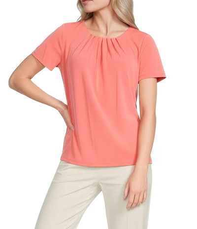 Calvin Klein Jersey Knit Pintuck Crew Neck Short Sleeve Blouse