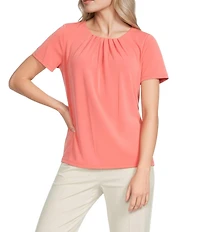 Calvin Klein Jersey Knit Pintuck Crew Neck Short Sleeve Blouse