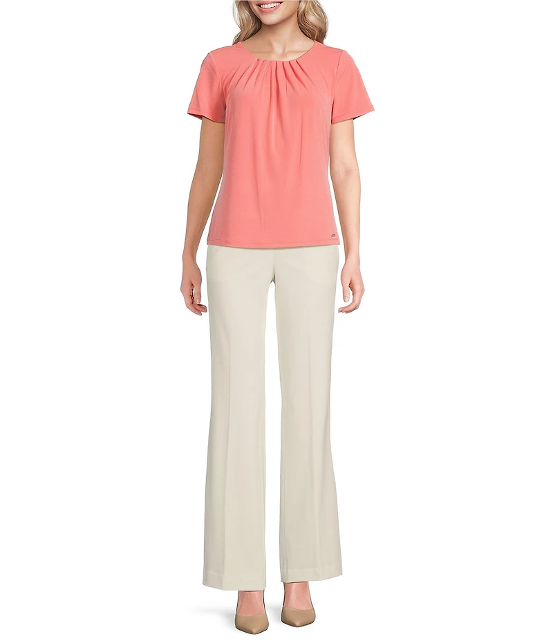 Calvin Klein Jersey Knit Pintuck Crew Neck Short Sleeve Blouse