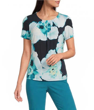 Calvin Klein Jersey Knit Pleated Crew Neck Short Sleeve Blouse