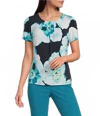 Calvin Klein Jersey Knit Pleated Crew Neck Short Sleeve Blouse