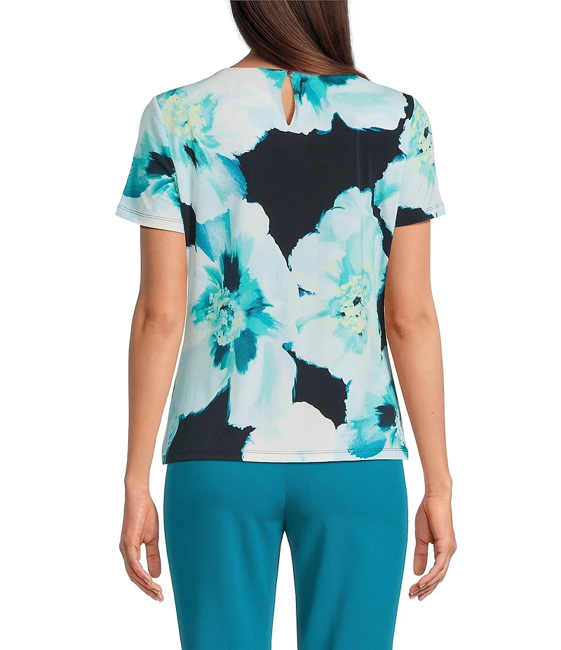 Calvin Klein Jersey Knit Pleated Crew Neck Short Sleeve Blouse