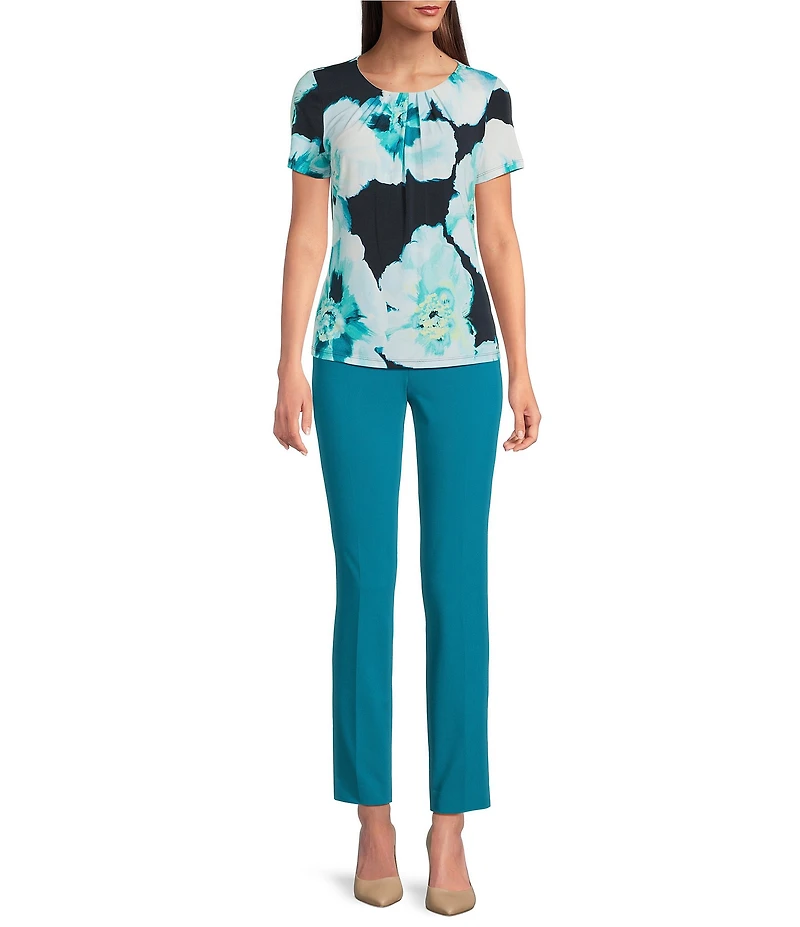 Calvin Klein Jersey Knit Pleated Crew Neck Short Sleeve Blouse