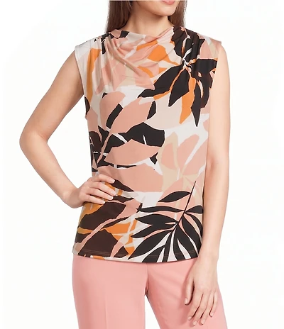 Calvin Klein Jersey Knit Printed Cowl Neck Cap Sleeve Blouse
