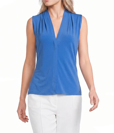 Calvin Klein Jersey Knit V-Neck Shoulder Pleat Sleeveless Top