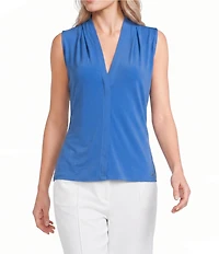 Calvin Klein Jersey Knit V-Neck Shoulder Pleat Sleeveless Top