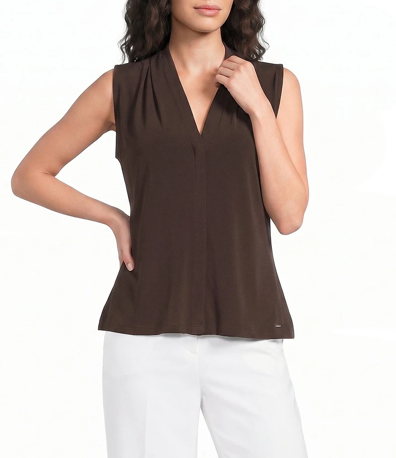 Calvin Klein Jersey Knit V-Neck Shoulder Pleat Sleeveless Top