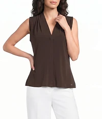 Calvin Klein Jersey Knit V-Neck Shoulder Pleat Sleeveless Top