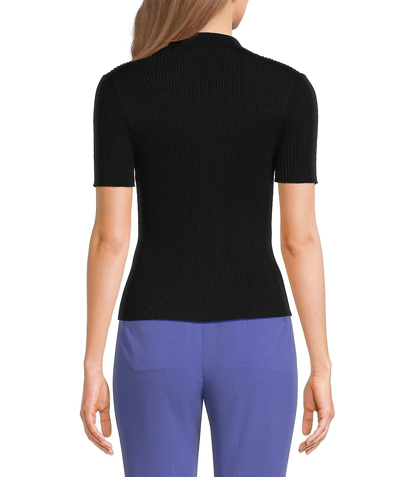Calvin Klein Knit Collared V-Neck Short Sleeve Button-Front Top