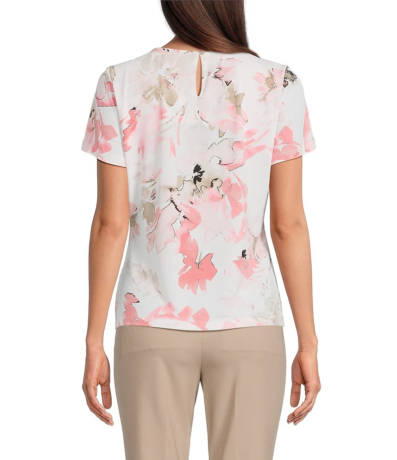 Calvin Klein Knit Jersey Floral Pintuck Crew Neck Short Sleeve Blouse
