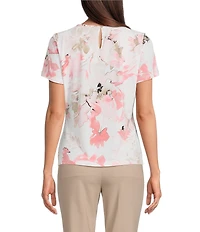 Calvin Klein Knit Jersey Floral Pintuck Crew Neck Short Sleeve Blouse