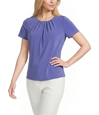 Calvin Klein Knit Jersey Floral Pleated Crew Neck Short Sleeve Top