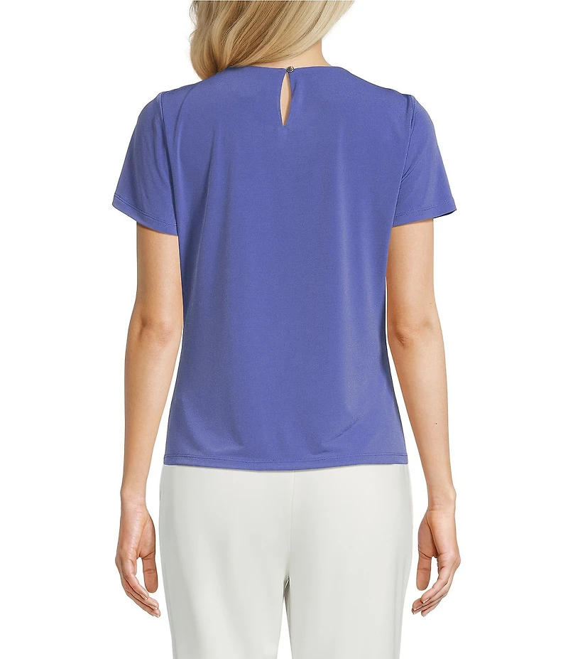 Calvin Klein Knit Jersey Floral Pleated Crew Neck Short Sleeve Top
