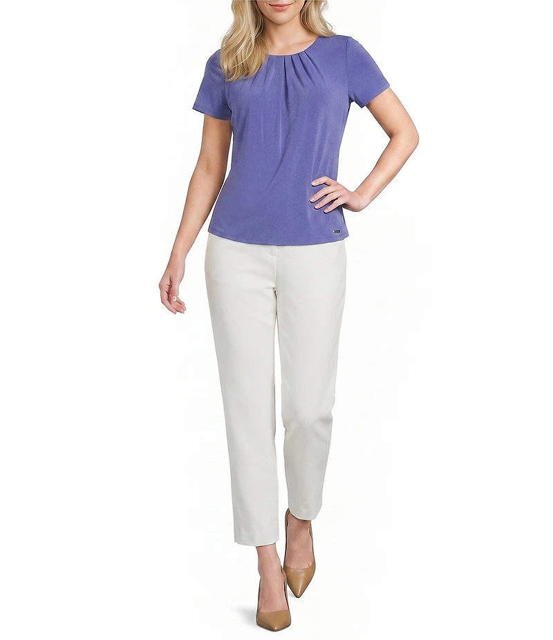 Calvin Klein Knit Jersey Floral Pleated Crew Neck Short Sleeve Top