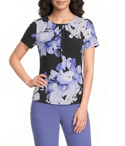 Calvin Klein Knit Jersey Floral Pleated Crew Neck Short Sleeve Top