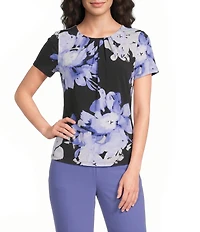 Calvin Klein Knit Jersey Floral Pleated Crew Neck Short Sleeve Top