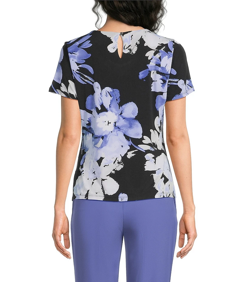 Calvin Klein Knit Jersey Floral Pleated Crew Neck Short Sleeve Top
