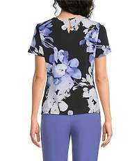 Calvin Klein Knit Jersey Floral Pleated Crew Neck Short Sleeve Top
