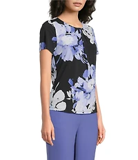 Calvin Klein Knit Jersey Floral Pleated Crew Neck Short Sleeve Top