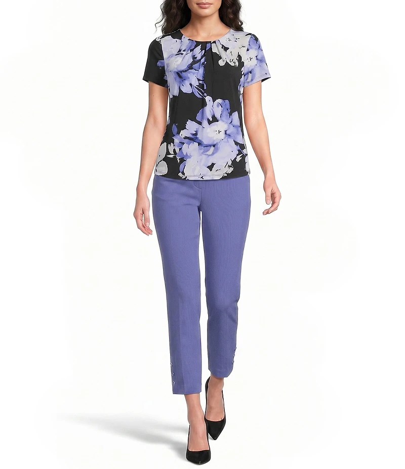 Calvin Klein Knit Jersey Floral Pleated Crew Neck Short Sleeve Top