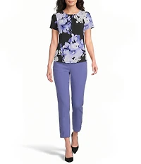 Calvin Klein Knit Jersey Floral Pleated Crew Neck Short Sleeve Top