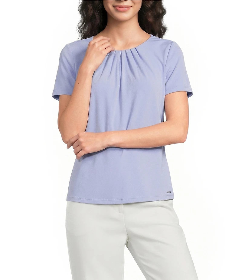 Calvin Klein Knit Jersey Floral Pleated Crew Neck Short Sleeve Top