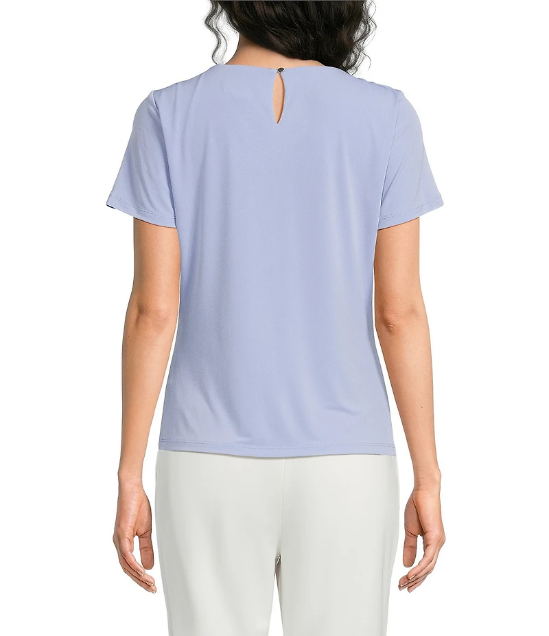 Calvin Klein Knit Jersey Floral Pleated Crew Neck Short Sleeve Top