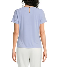 Calvin Klein Knit Jersey Floral Pleated Crew Neck Short Sleeve Top