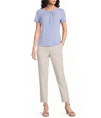 Calvin Klein Knit Jersey Floral Pleated Crew Neck Short Sleeve Top