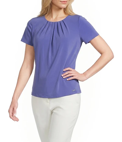 Calvin Klein Knit Jersey Floral Pleated Crew Neck Short Sleeve Top
