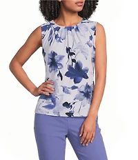 Calvin Klein Knit Jersey Floral Pleated Crew Neck Sleeveless Cami
