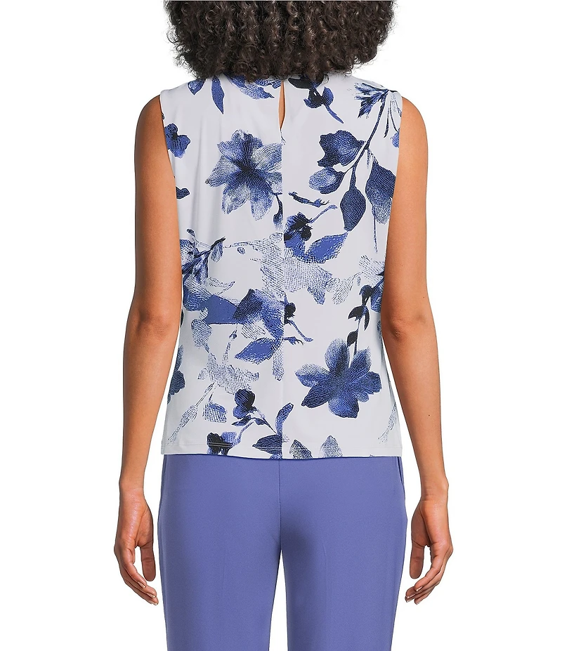 Calvin Klein Knit Jersey Floral Pleated Crew Neck Sleeveless Cami