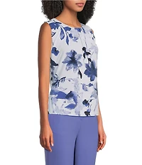 Calvin Klein Knit Jersey Floral Pleated Crew Neck Sleeveless Cami