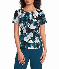 Calvin Klein Knit Jersey Floral Print Crew Neck Short Sleeve Pintuck Blouse